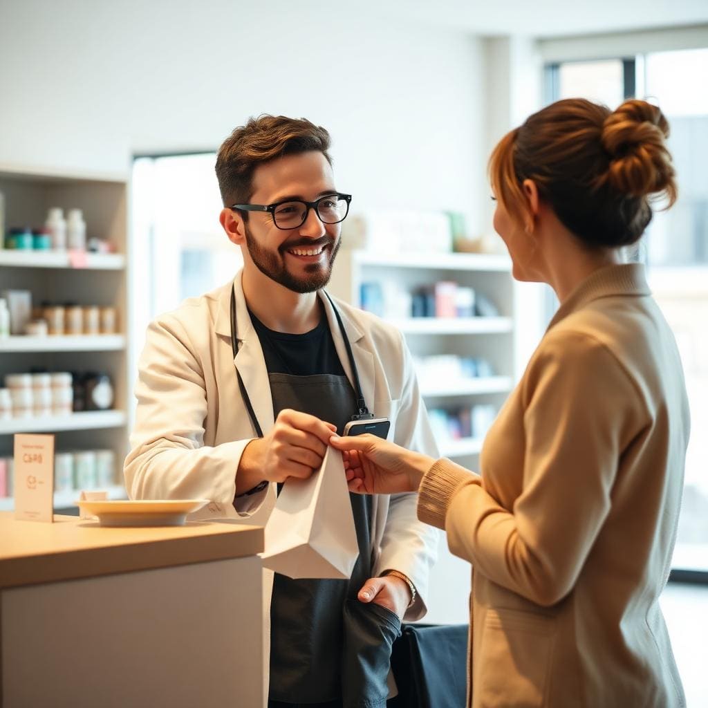 Pharmacist handing a prescription to a customer